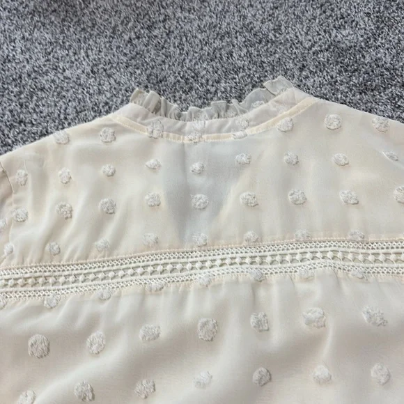 Like New Elegant Cream Swiss Dot Blouse with Lace Detailing - Picture 11 of 11